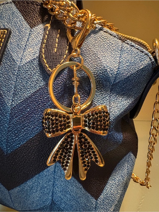 Accessories - Gold Bow Crystal Keychain Bag Charm - Black Crystals